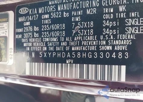 2017 Kia Sorento 3.3L Ex z USA, uszkodzony, nr VIN 5XYPHDA58HG330483